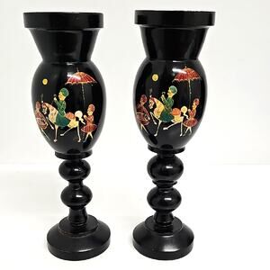 Pair of Artistic Black Multicolor Handcrafted Wood Laquer Candle Holders - READ